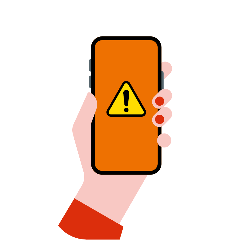 Die Grafik zeigt eine Hand, die ein Mobiltelefon hält, auf dessen Bildschirm das Symbol der Warnung, ein schwarzumrandetes Dreieck mit schwarzem Ausrufezeichen auf gelbem Hintergrund, angezeigt wird.