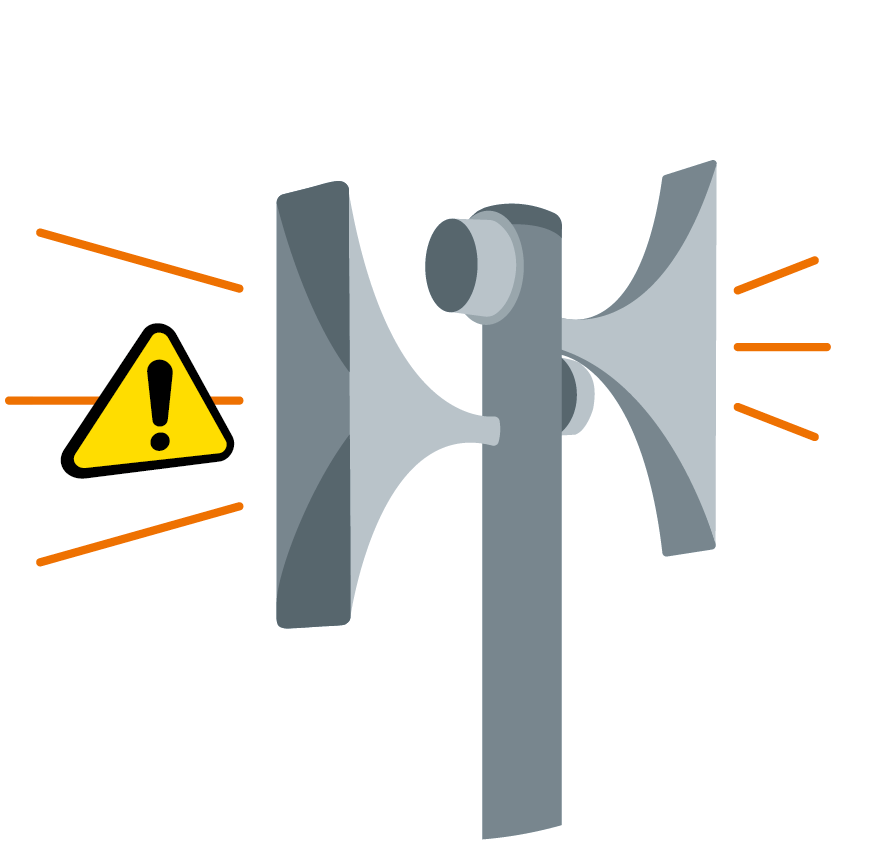 Die Grafik zeigt eine Sirene und daneben das Symbol der Warnung, ein schwarzumrandetes Dreieck mit schwarzem Ausrufezeichen auf gelbem Hintergrund.