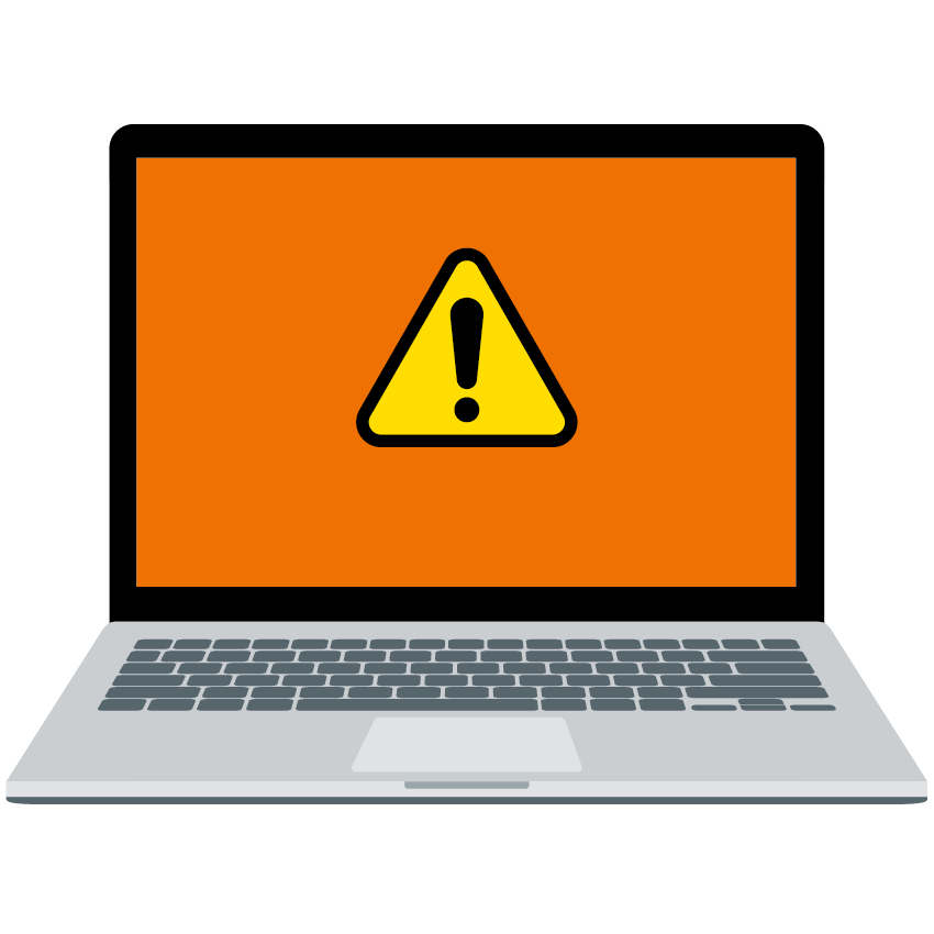 Die Grafik zeigt ein aufgeklapptes Laptop, auf dessen Bildschirm das Symbol der Warnung, ein schwarzumrandetes Dreieck mit schwarzem Ausrufezeichen auf gelbem Hintergrund, abgebildet ist.