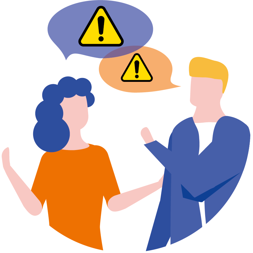 Die Grafik zeigt eine Frau und einen Mann im Gespräch und zwei Sprechblasen, die jeweils das Symbol der Warnung, ein schwarzumrandetes Dreieck mit schwarzem Ausrufezeichen auf gelbem Hintergrund, enthalten.