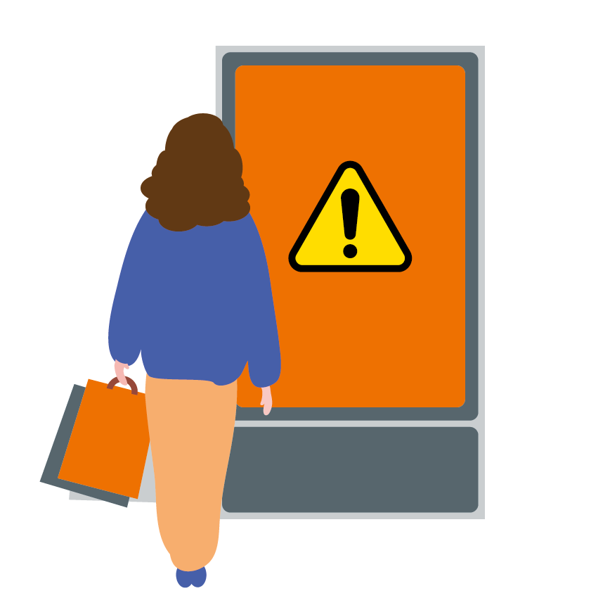 Die Grafik zeigt von hinten eine Frau mit Einkaufstaschen in der Hand, die auf eine Stadtinformationstafel zuläuft, auf deren Bildschirm das Symbol der Warnung, ein schwarzumrandetes Dreieck mit schwarzem Ausrufezeichen auf gelbem Hintergrund, angezeigt wird.
