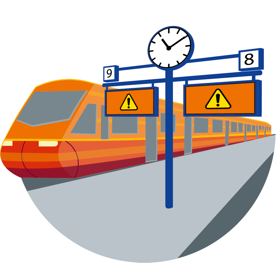 Die Grafik zeigt einen Zug an einem Bahnsteig mit einer Uhr und zwei Anzeigetafeln, auf denen das Symbol der Warnung, ein schwarzumrandetes Dreieck mit schwarzem Ausrufezeichen auf gelbem Hintergrund, angezeigt wird.